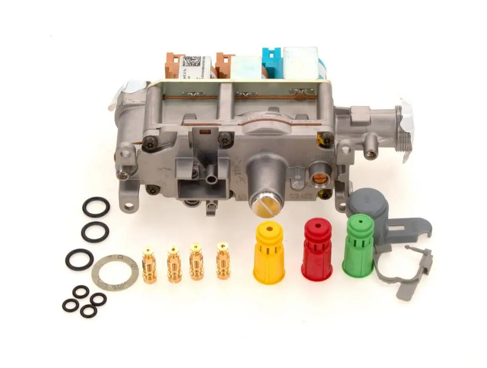 Bosch Gasarmatur mit verschiedenen Anschlüssen und Dichtungen, dargestellt mit mehreren O-Ringen und farbigen Steckverbindern zur Verbindung im System.